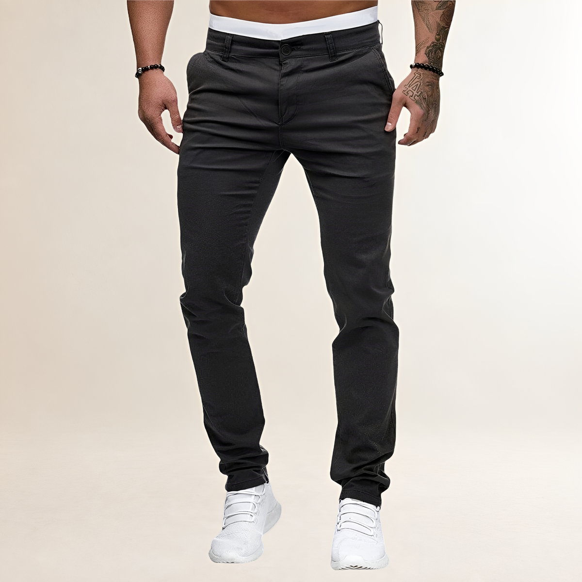 Męskie spodnie casualowe slim fit z zamkiem i skośnymi kieszeniami