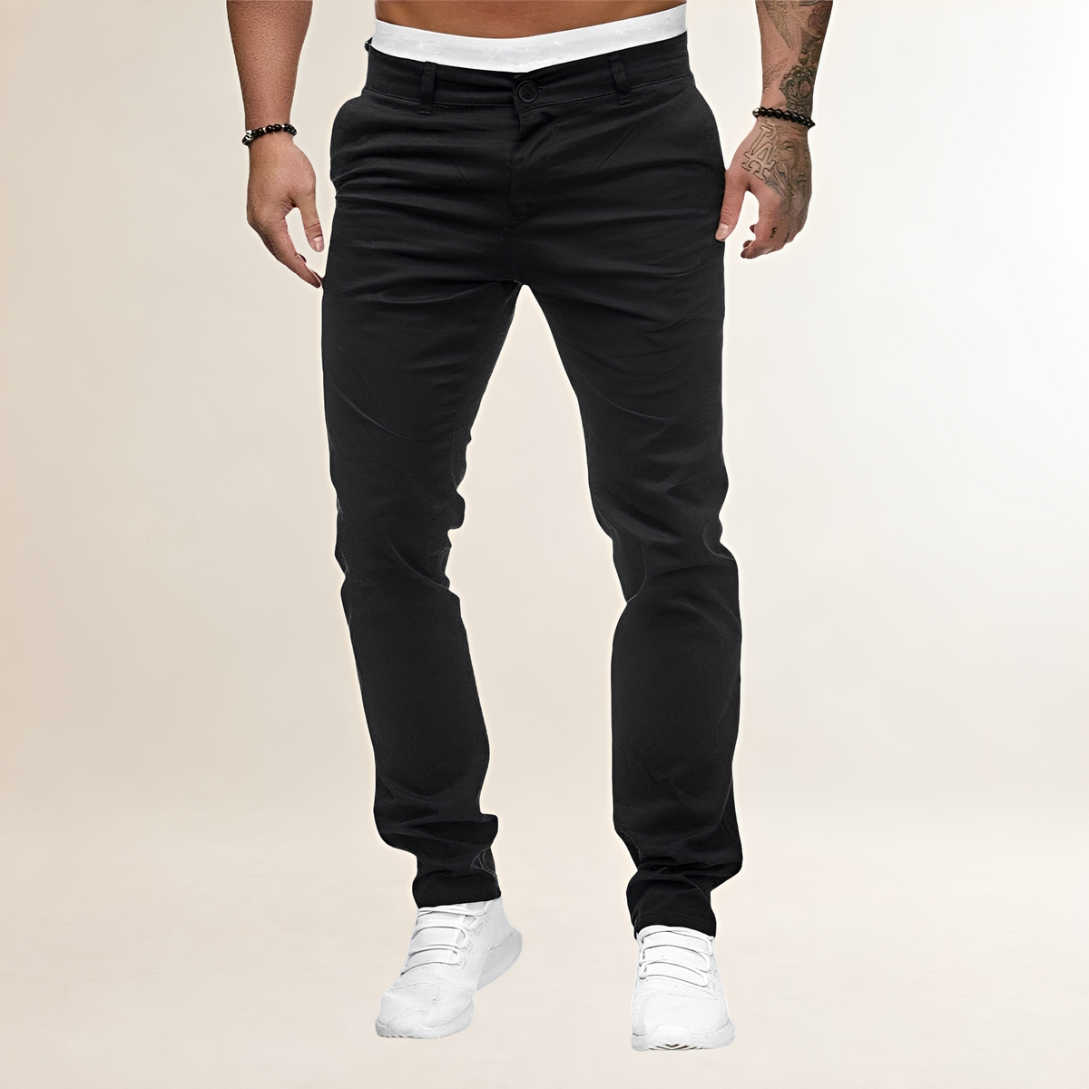 Męskie spodnie casualowe slim fit z zamkiem i skośnymi kieszeniami