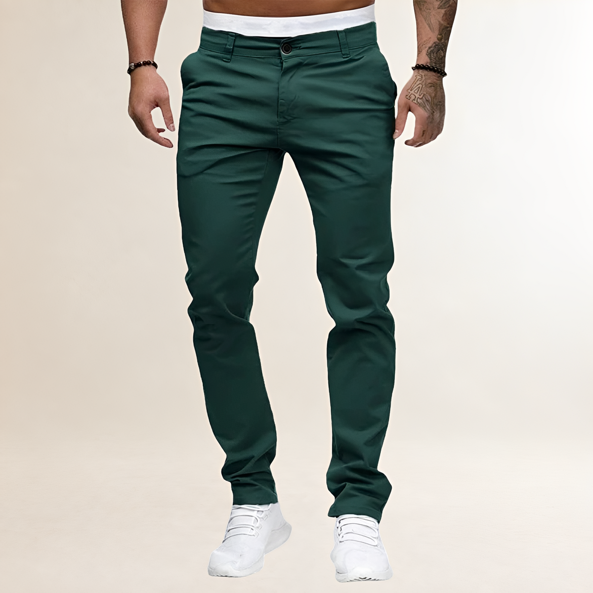 Męskie spodnie casualowe slim fit z zamkiem i skośnymi kieszeniami