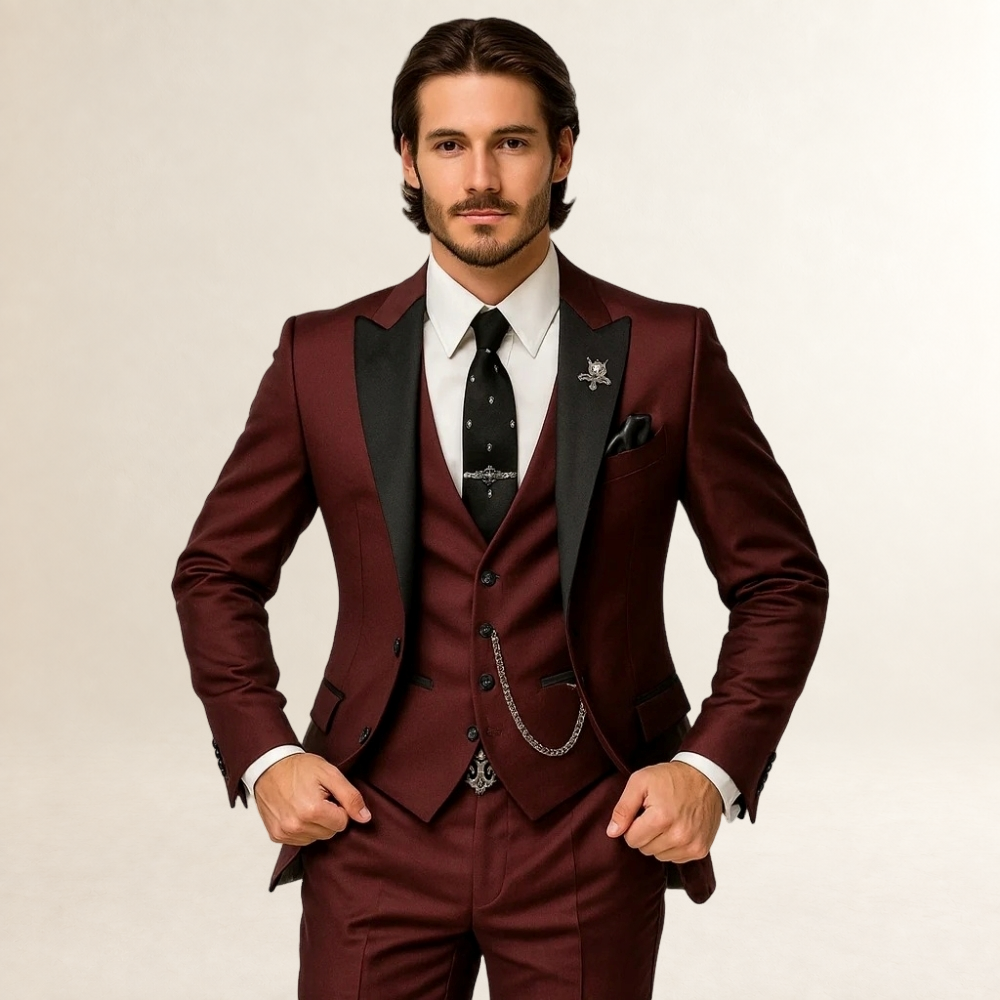 Marynarski garnitur męski trzyczęściowy slim fit z klapami szpiczastymi i kamizelką