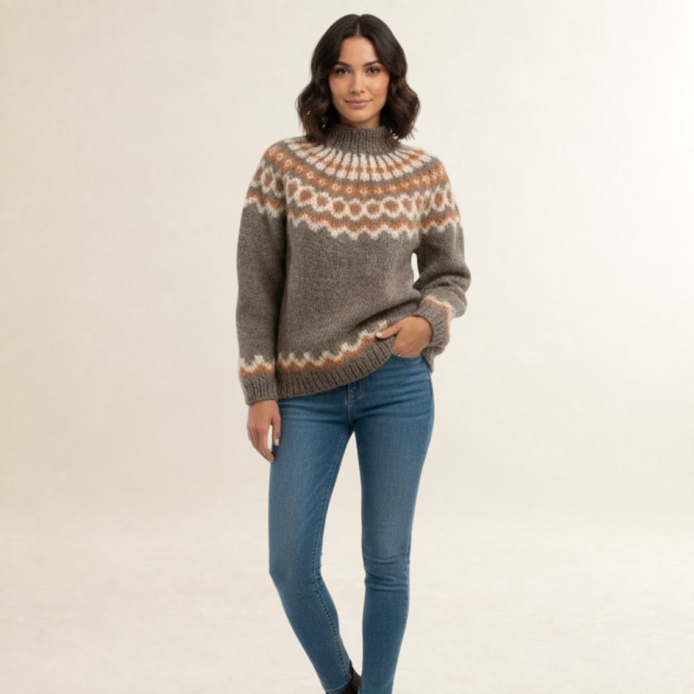 Sweter damski z nordyckim wzorem, wysokim kołnierzem, luźny krój