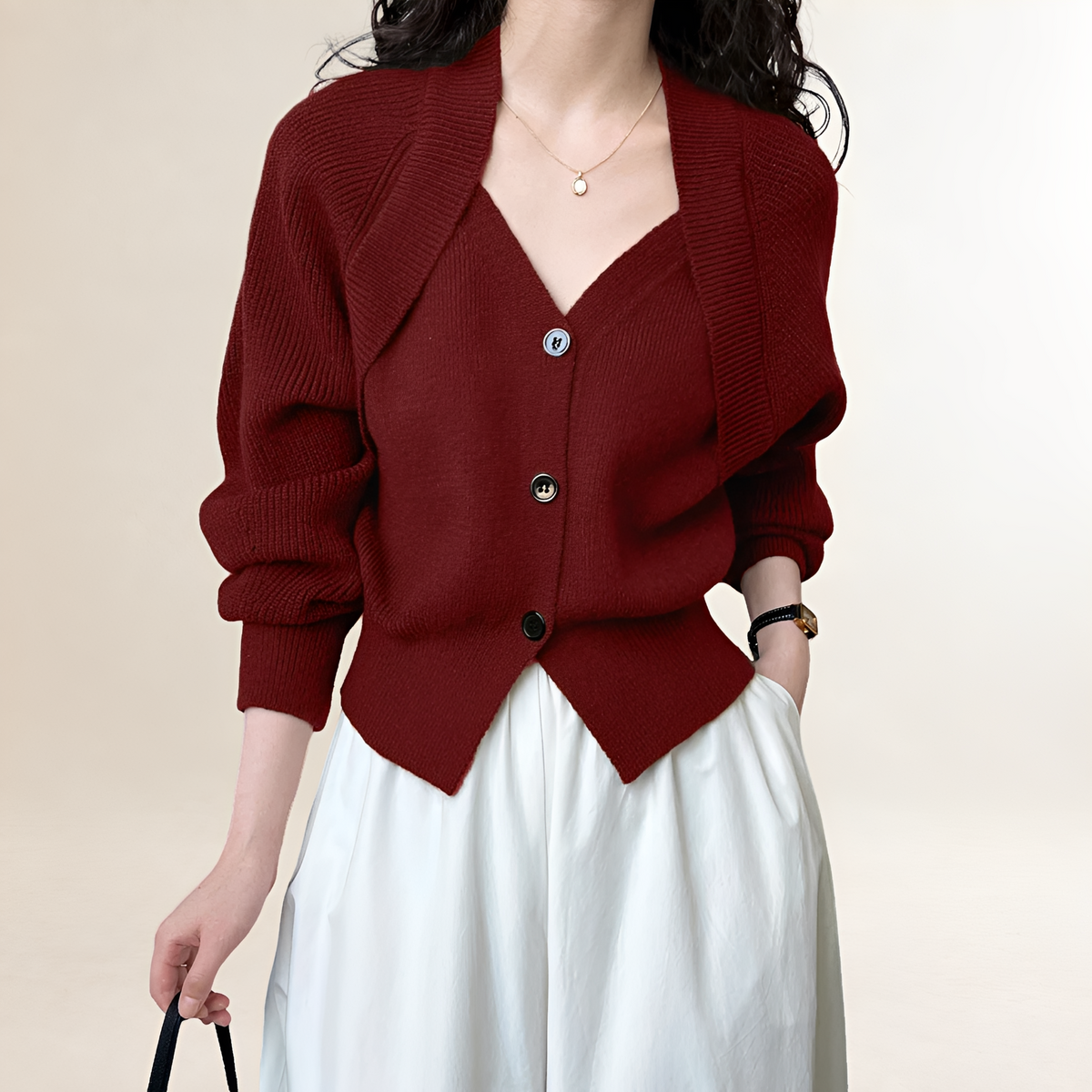 Sweter dla kobiet z dekoltem w serek i guzikiem long sleeve