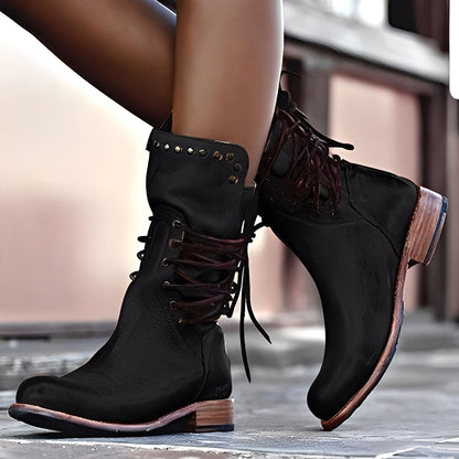 Lenora - Retro skórzane damskie buty na niskim obcasie