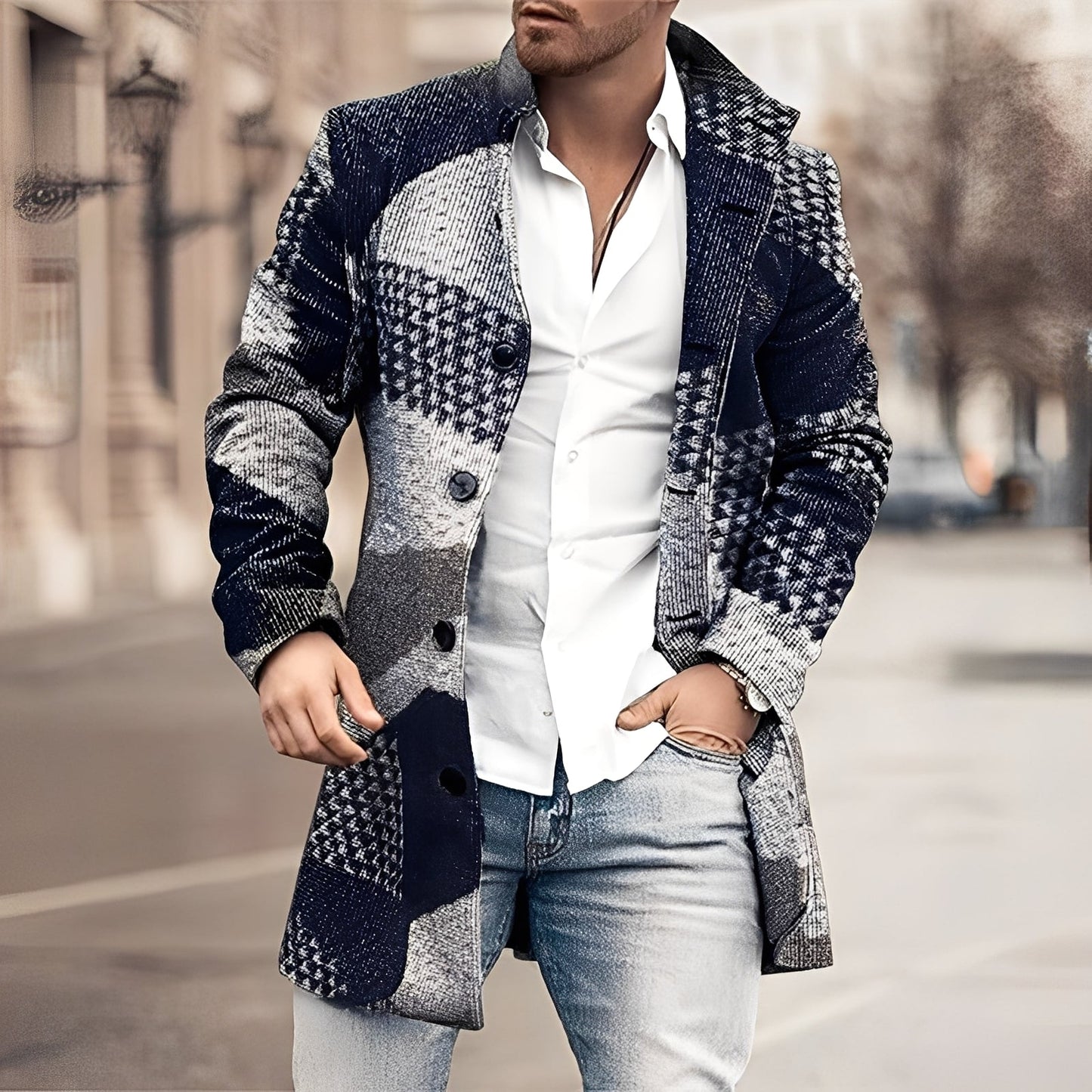 Luke - Elegancki męski płaszcz tweedowy o długości do kolan