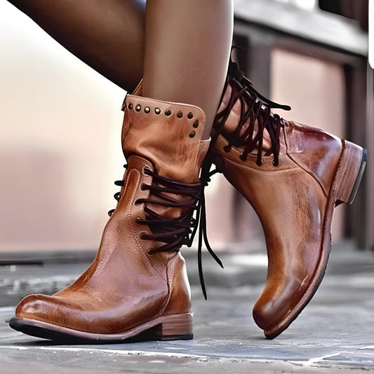 Lenora - Retro skórzane damskie buty na niskim obcasie