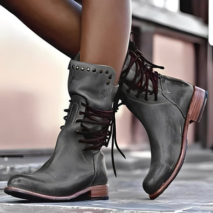 Lenora - Retro skórzane damskie buty na niskim obcasie