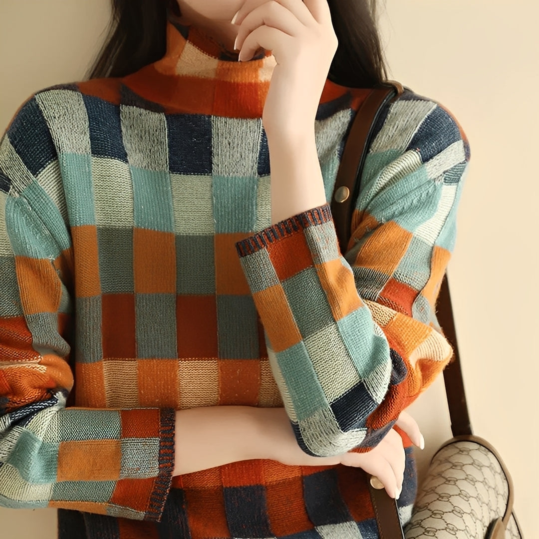 Becca - Elegancki damski sweter golfowy z patchworkowym wzorem